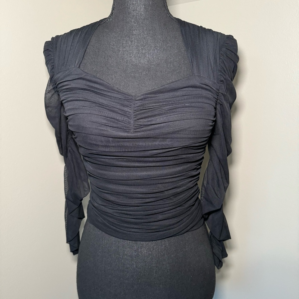 Express Black Sweetheart Neckline Rusched Front‎ & Back Long Sheer Sleeved Top